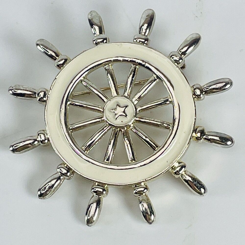 VTG Danecraft Enamel Ships Wheel Brooch Pin White Silver Tone Nautical 2" Signed